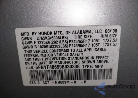 2009 Honda Pilot Exl из США, поврежденный, VIN 5FNYF48699B030338